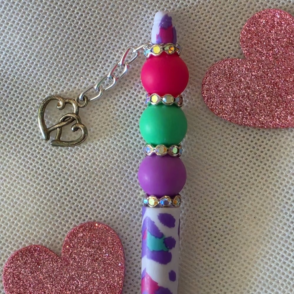 Handmade Black Ink Bling Pen Colorful Purple Leopard Heart Charm Office School